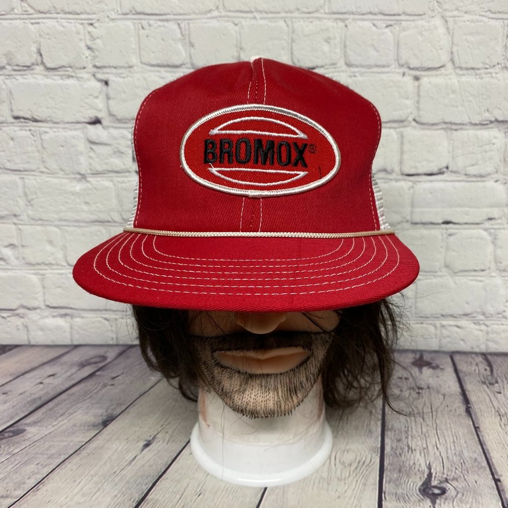 Vintage Farmer Hat Mesh Rope Cap Snapback Red White BROMOX Herbicide Item#1